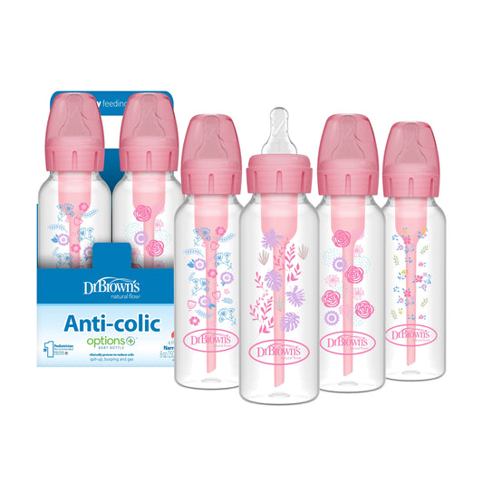 Anti-Colic Options+ Narrow Baby Bottle, Pink Floral, 8Oz, 0M+, 4 Pack