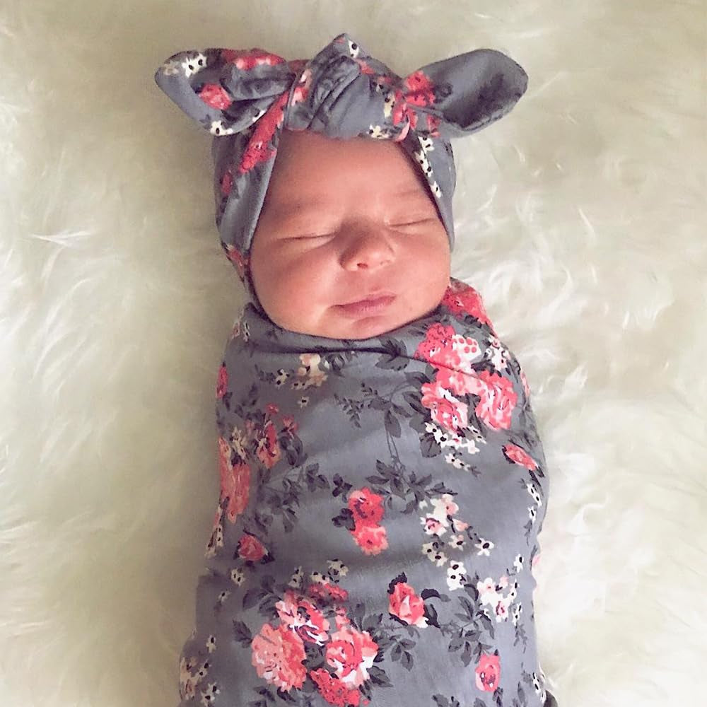 BQUBO 3 Sets Receiving Blanket with Headbands Newborn Baby Floral Printed Baby Shower Swaddle Gift