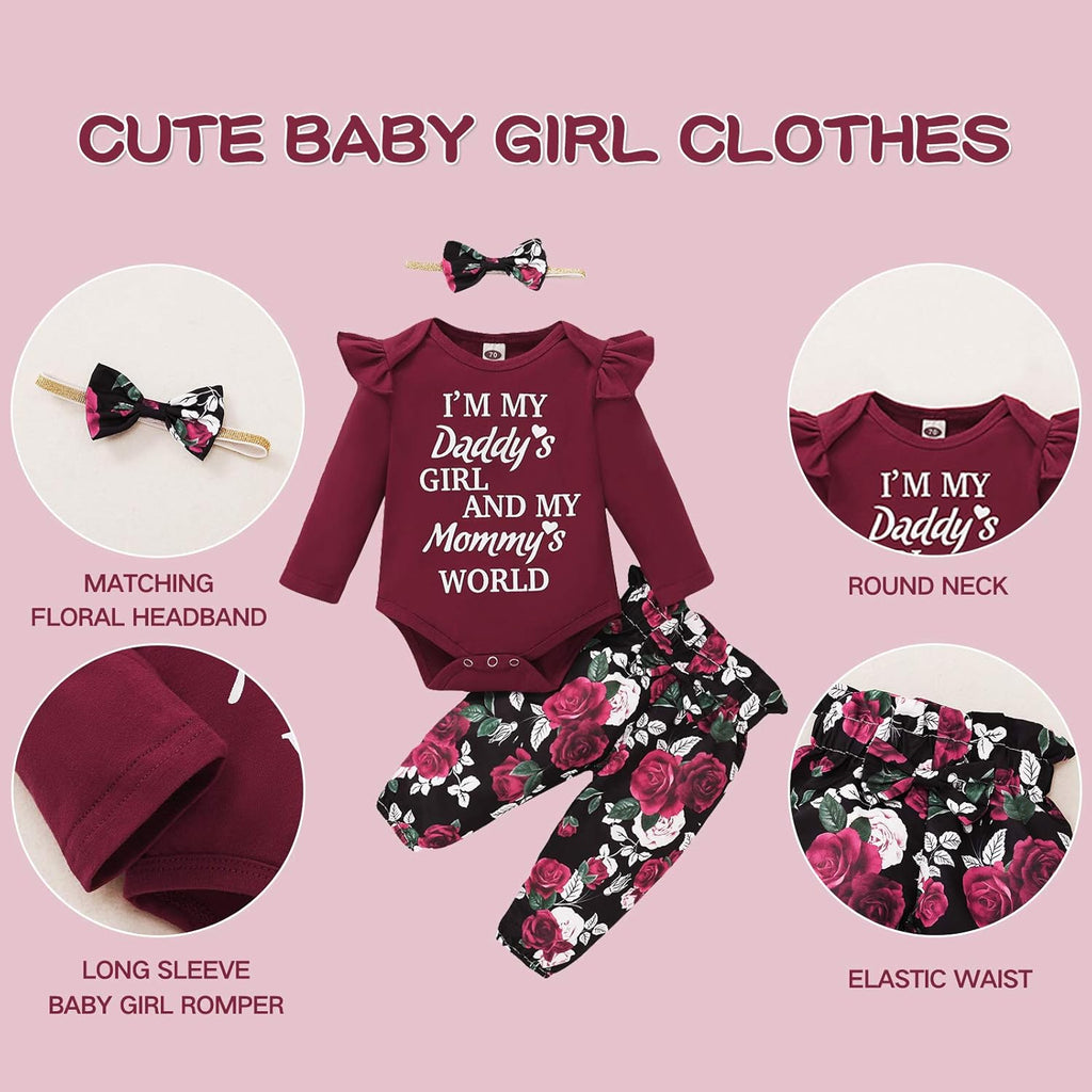 Baby Girl Clothes Toddler Girl Floral Ruffle Sleeve Shirt Pant Sets 3 Pieces Fall Winter Clothing for Girl Gifts 0-4T