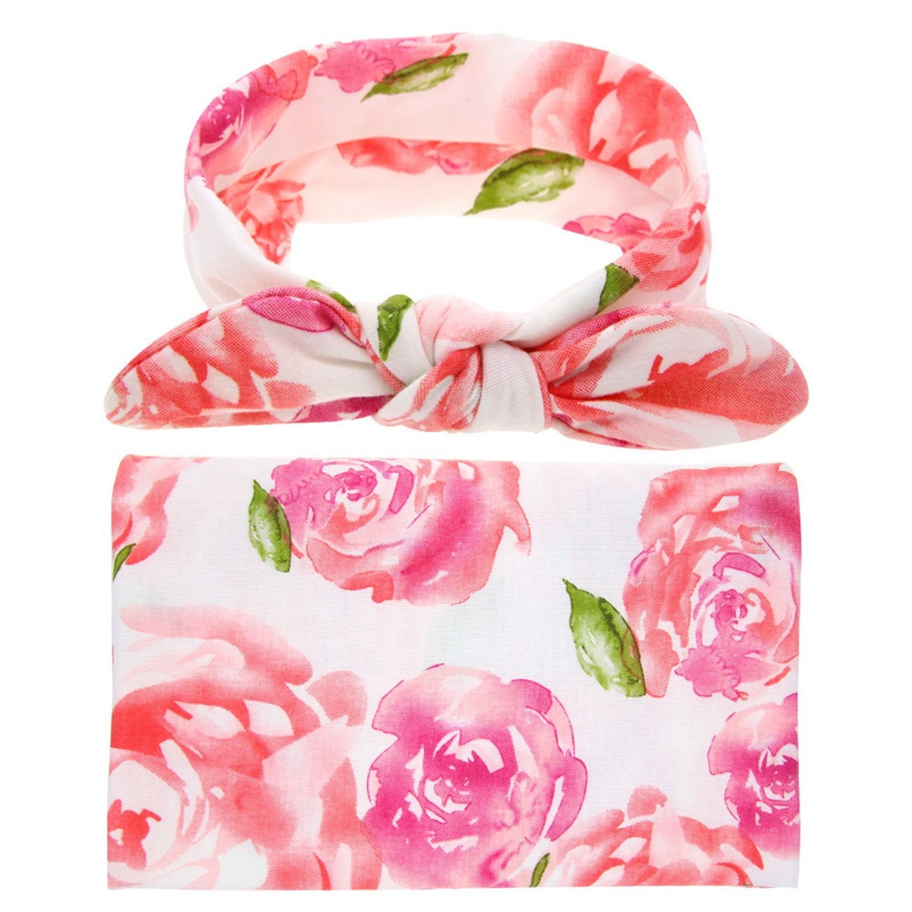 BQUBO 3 Sets Receiving Blanket with Headbands Newborn Baby Floral Printed Baby Shower Swaddle Gift