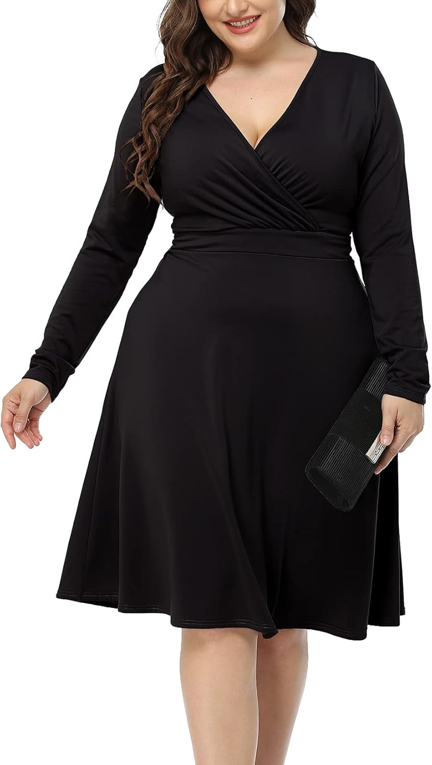 Women'S plus Size V-Neckline Stretchy Casual Long Sleeve Mini plus Size Party Dress
