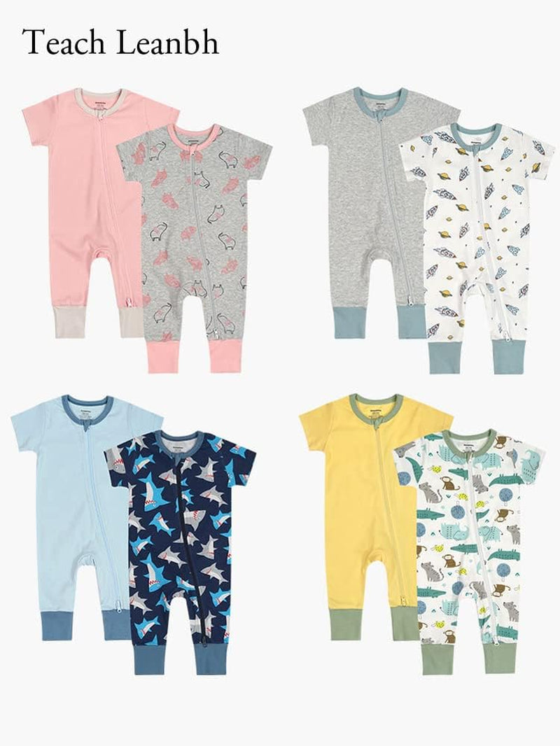 Baby Boys Girls 2 Pack 2 Way Zipper Footless Pajamas Cotton Short Sleeve Printing Romper Sleep and Play