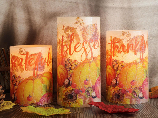 Pumpkin Flameless Candles with Remote Real Wax LED Candles - Home Party Christmas Botanical Fall Thanksgiving Decor - Set of 3