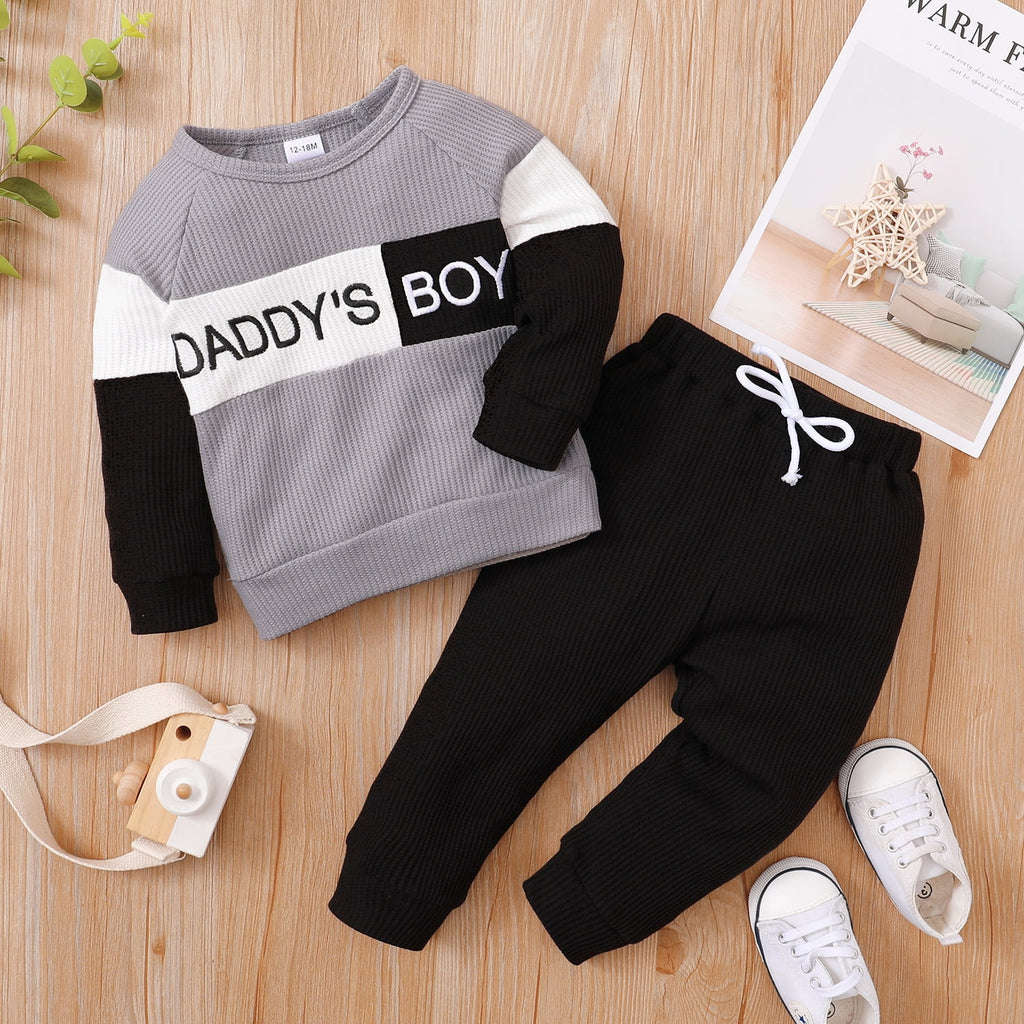 12 Months Baby Boys Outfit 18 Months Boys 2PCS Fall Winter Clothing Set Letter Print round Neck Toddler Boys Long Sleeve Top Pants Set Gray
