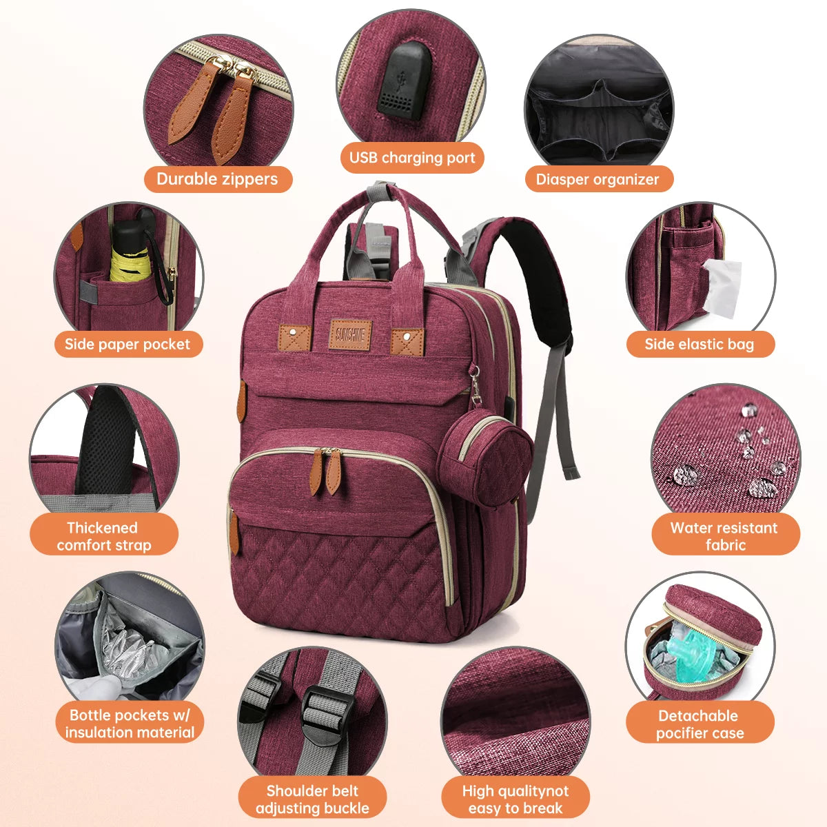 Diaper Bag Backpack, Multifunction Diaper Bag Backpack with Changing Station, USB Charging Port & Foldable Crib, Large Capacity Travel Backpack W/Sunshade&Pacifier Case&Stroller Straps(Red)