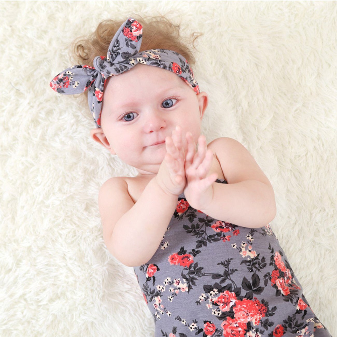 BQUBO 3 Sets Receiving Blanket with Headbands Newborn Baby Floral Printed Baby Shower Swaddle Gift