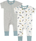 Baby Boys Girls 2 Pack 2 Way Zipper Footless Pajamas Cotton Short Sleeve Printing Romper Sleep and Play