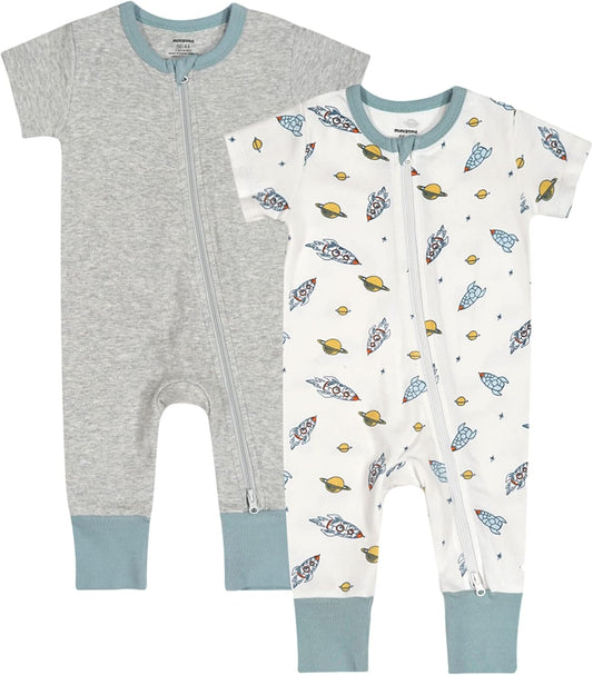 Baby Boys Girls 2 Pack 2 Way Zipper Footless Pajamas Cotton Short Sleeve Printing Romper Sleep and Play