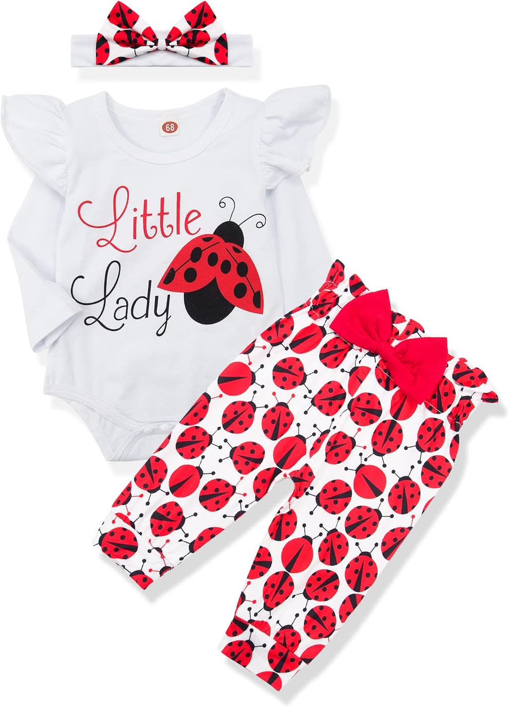 Toddler Baby Girl Clothes Ladybug Long-Sleeve Romper Pants Headband Cute Infants Baby Girl Outfits Set 3PC 3-6 Months