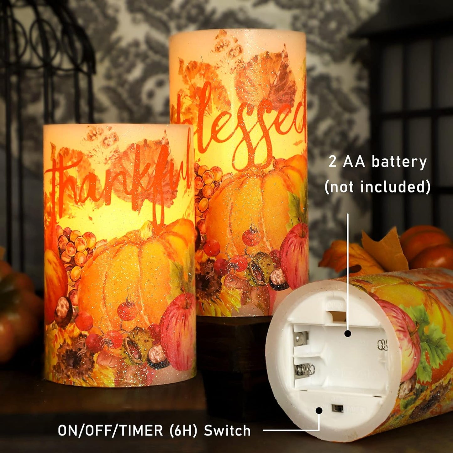 Pumpkin Flameless Candles with Remote Real Wax LED Candles - Home Party Christmas Botanical Fall Thanksgiving Decor - Set of 3