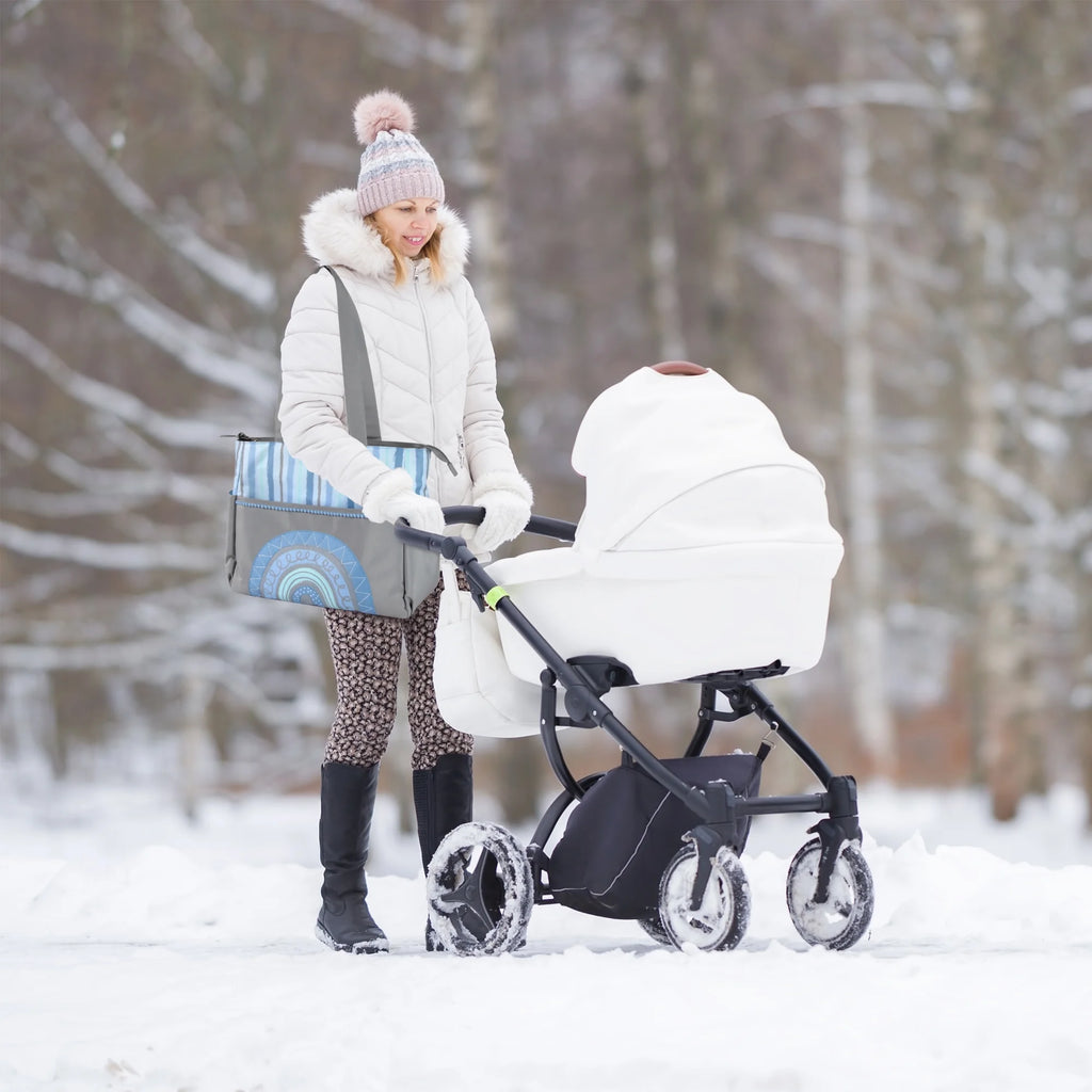 14.5"L Rainbow 5 Piece Multi-Pocket Diaper Bag Tote with Matching Changing Pad, Baby Wipes Case, Insulated Bottle Bag & Organizer Pouch for Newborns, Infants & Toddlers in Blue & Gray