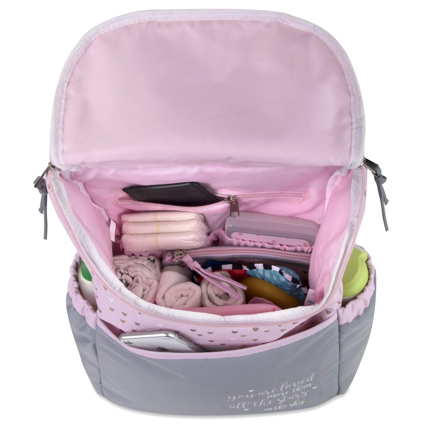 15.5”L 5 Piece Multi-Pocket Diaper Bag Backpack with Matching Changing Pad, Wipes Case, Insulated Bottle Bag & Organizer Pouch for Newborns, Infants & Toddlers in Pink & Gray Hearts