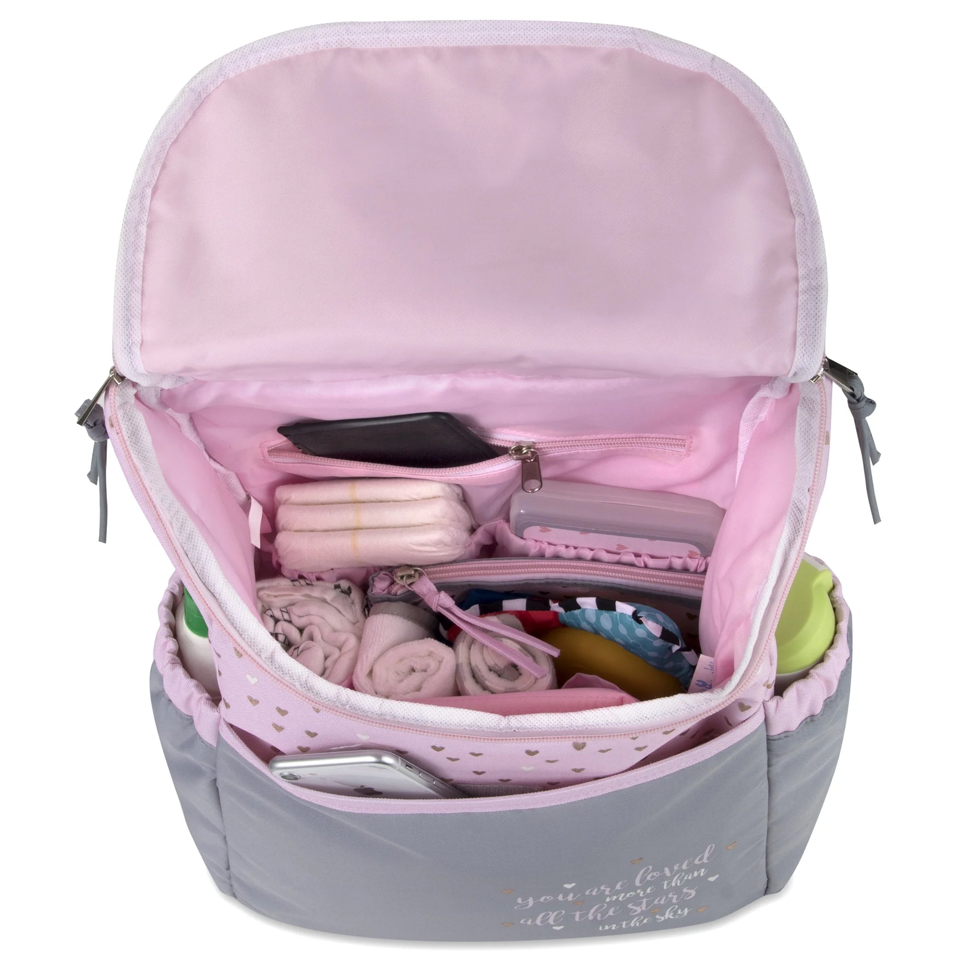 15.5”L 5 Piece Multi-Pocket Diaper Bag Backpack with Matching Changing Pad, Wipes Case, Insulated Bottle Bag & Organizer Pouch for Newborns, Infants & Toddlers in Pink & Gray Hearts