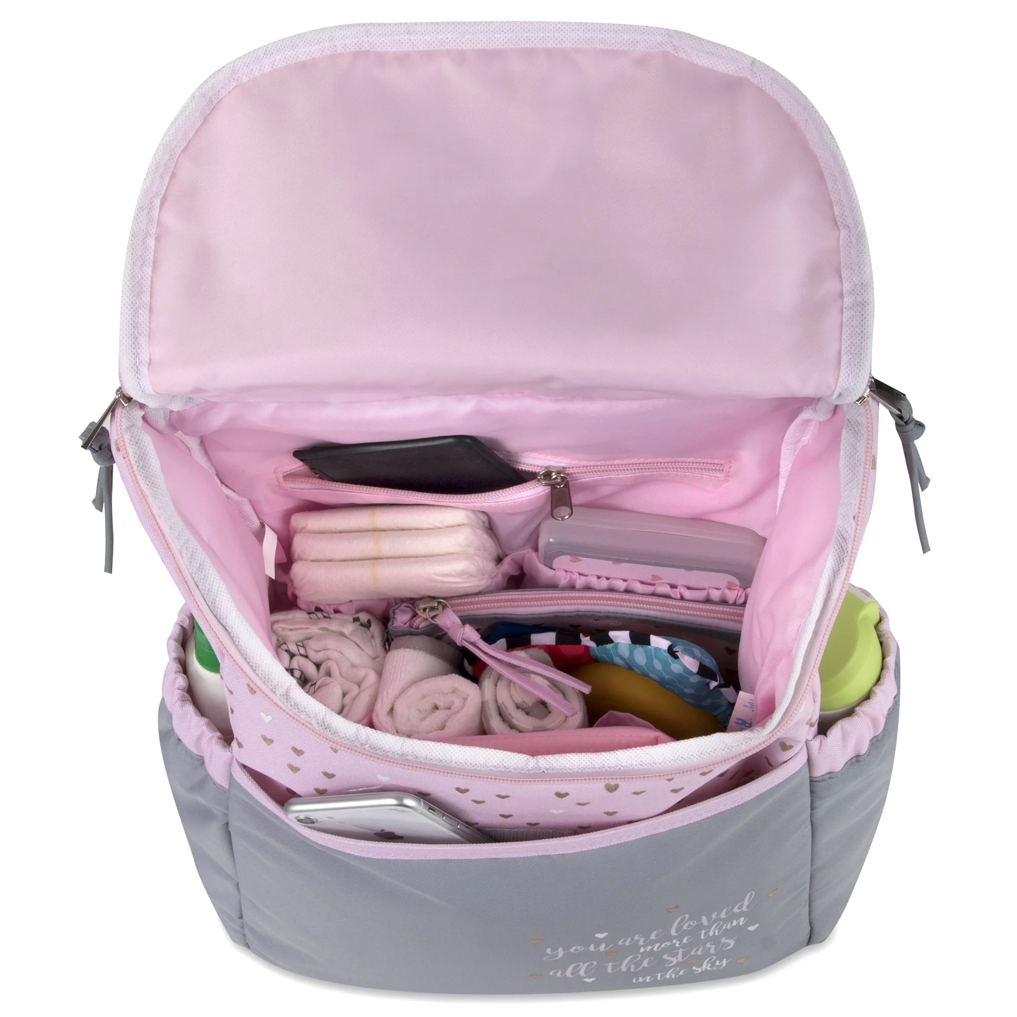15.5”L 5 Piece Multi-Pocket Diaper Bag Backpack with Matching Changing Pad, Wipes Case, Insulated Bottle Bag & Organizer Pouch for Newborns, Infants & Toddlers in Pink & Gray Hearts