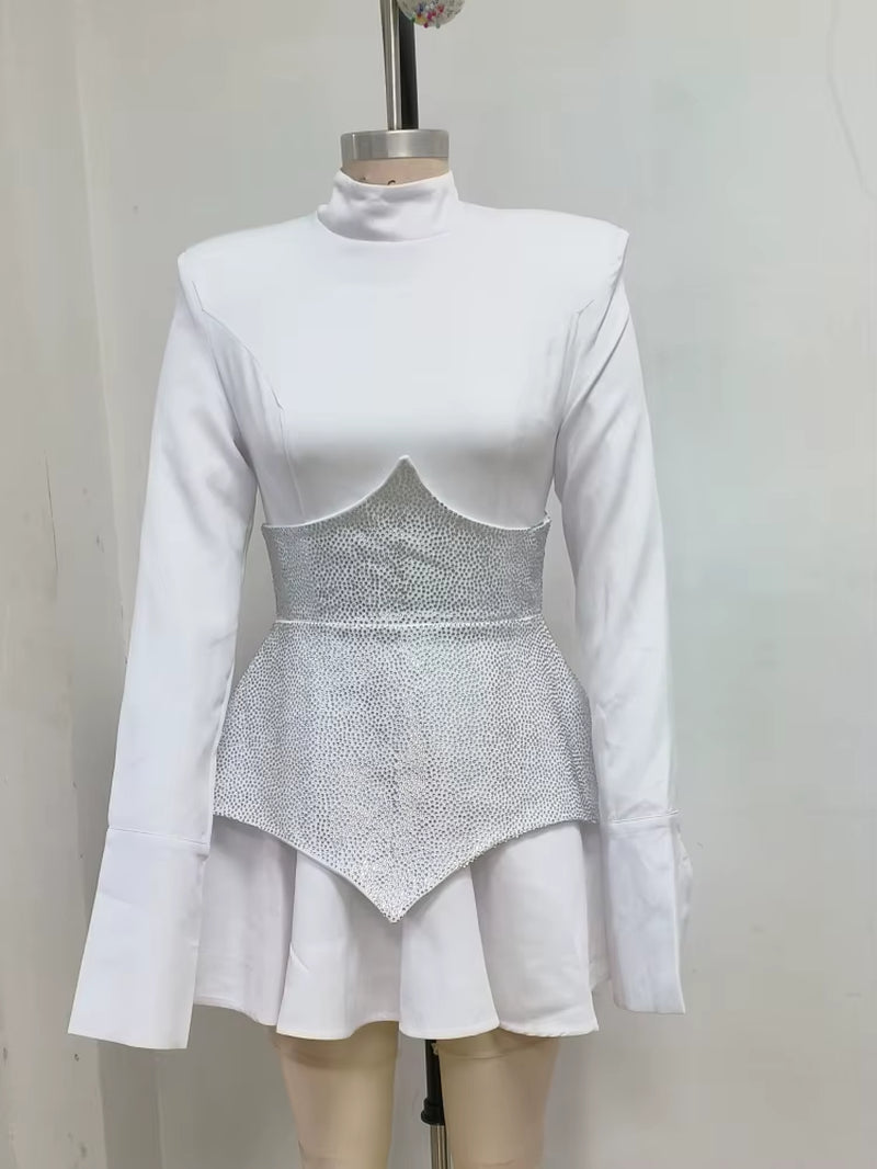 Glamour in Sparkle: Long Sleeves Waist Sparkle Diamond Mini Dress
