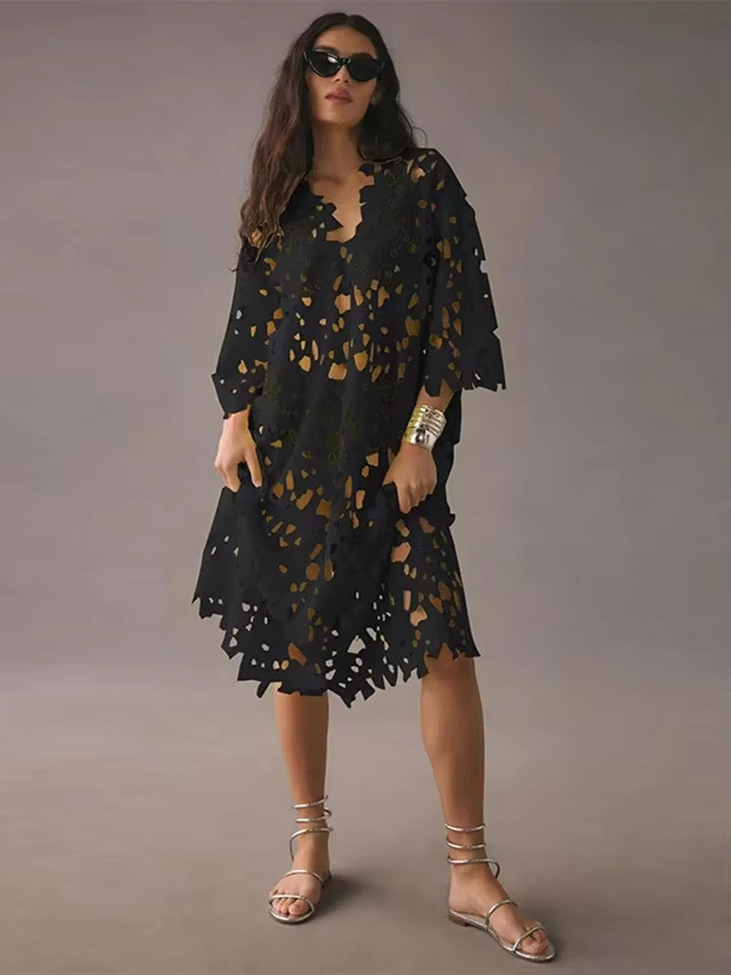 Seductive Elegance: Sexy Lace Hollow Out V-Neck Beach Dress