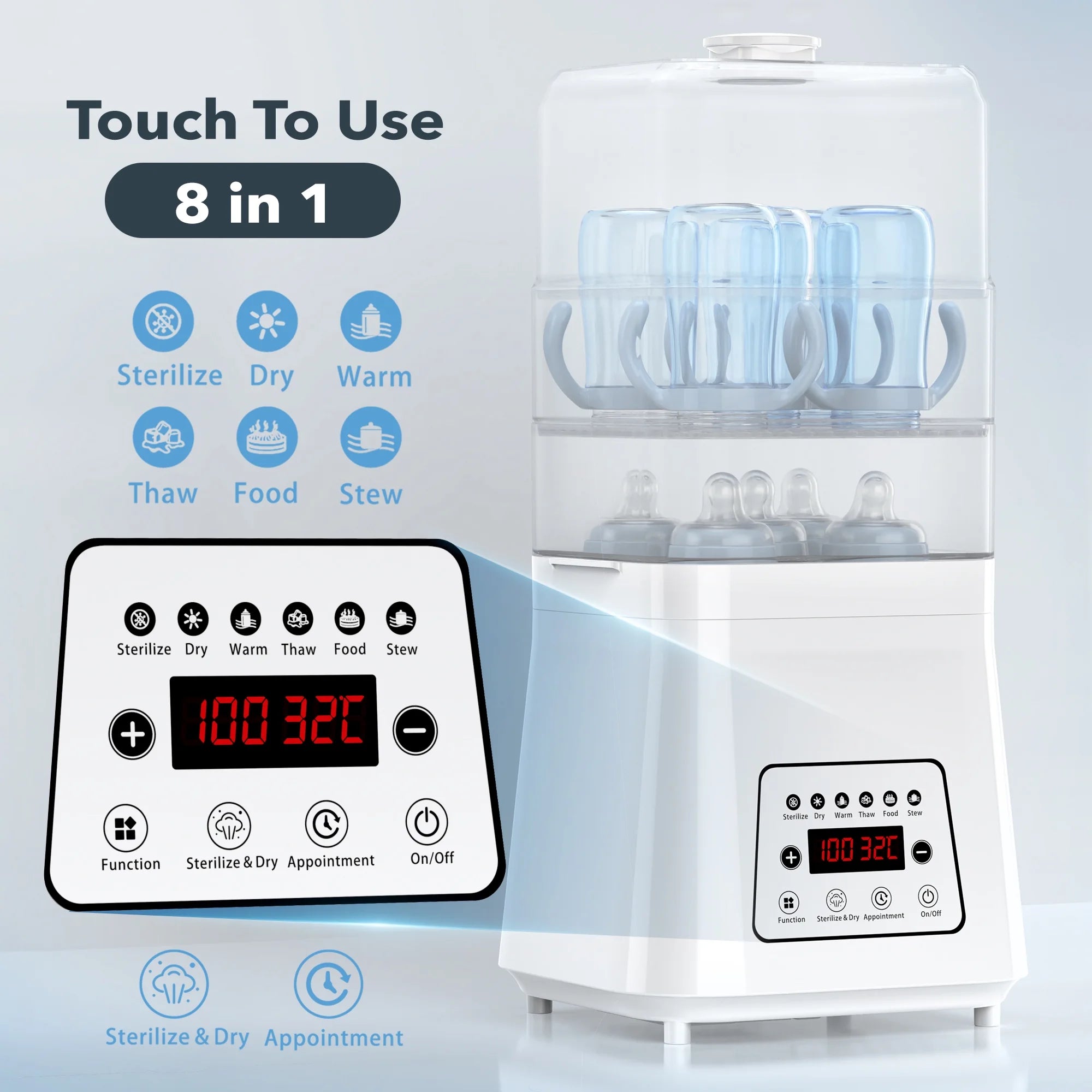 8-In-1 Bottle Sterilizer and Dryer, Electric Steam with Baby Bottle Warmer, Food Prep, White