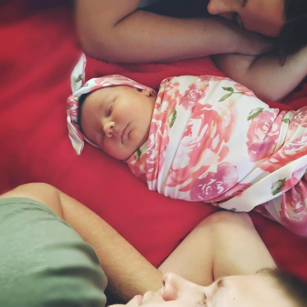 BQUBO 3 Sets Receiving Blanket with Headbands Newborn Baby Floral Printed Baby Shower Swaddle Gift