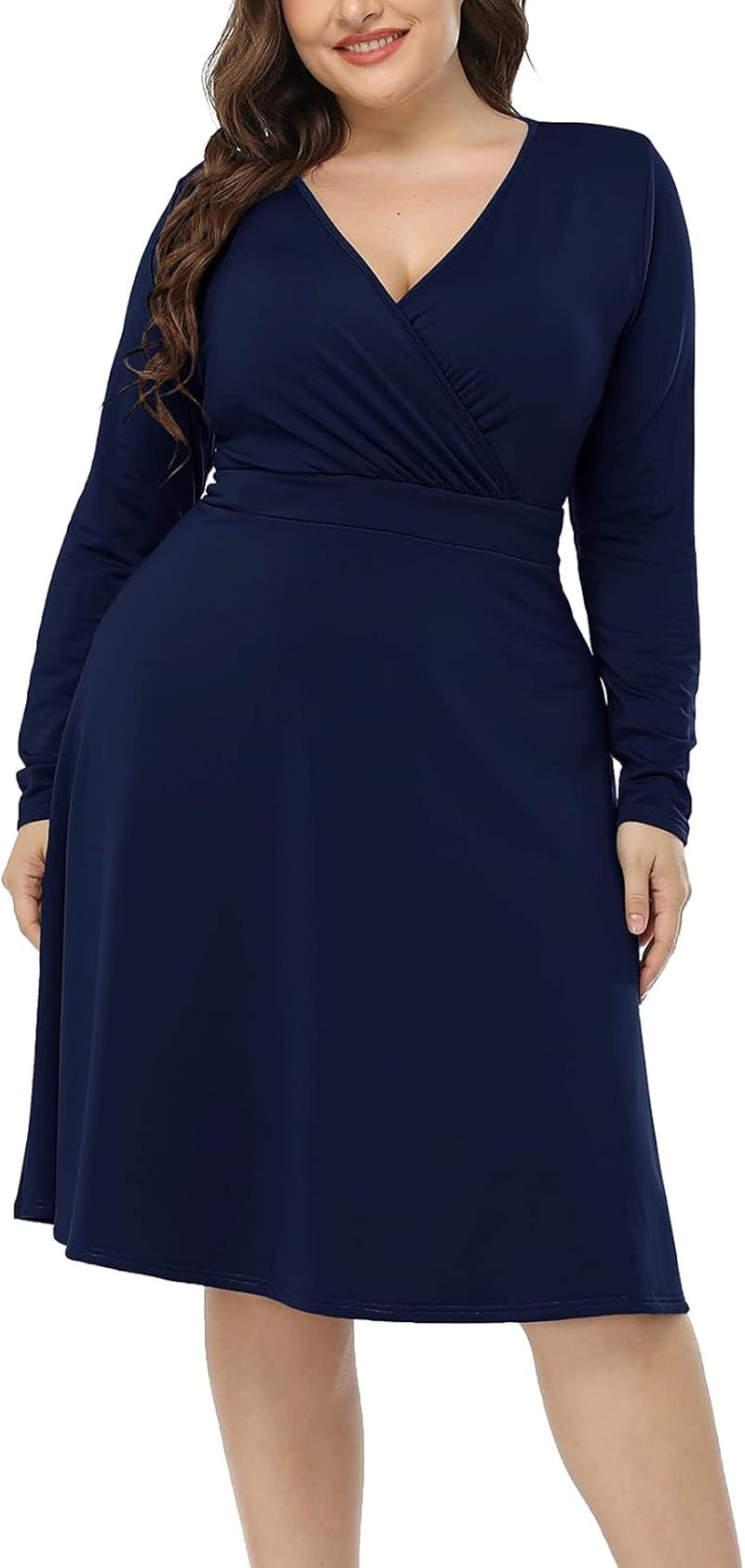Women'S plus Size V-Neckline Stretchy Casual Long Sleeve Mini plus Size Party Dress