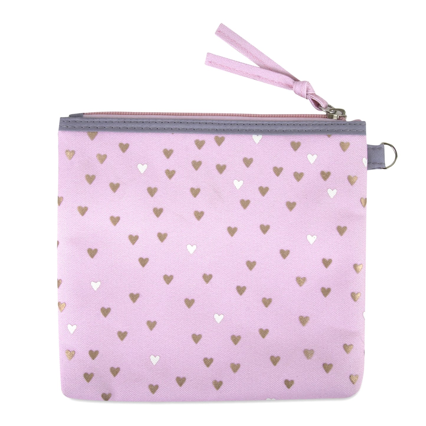 15.5”L 5 Piece Multi-Pocket Diaper Bag Backpack with Matching Changing Pad, Wipes Case, Insulated Bottle Bag & Organizer Pouch for Newborns, Infants & Toddlers in Pink & Gray Hearts