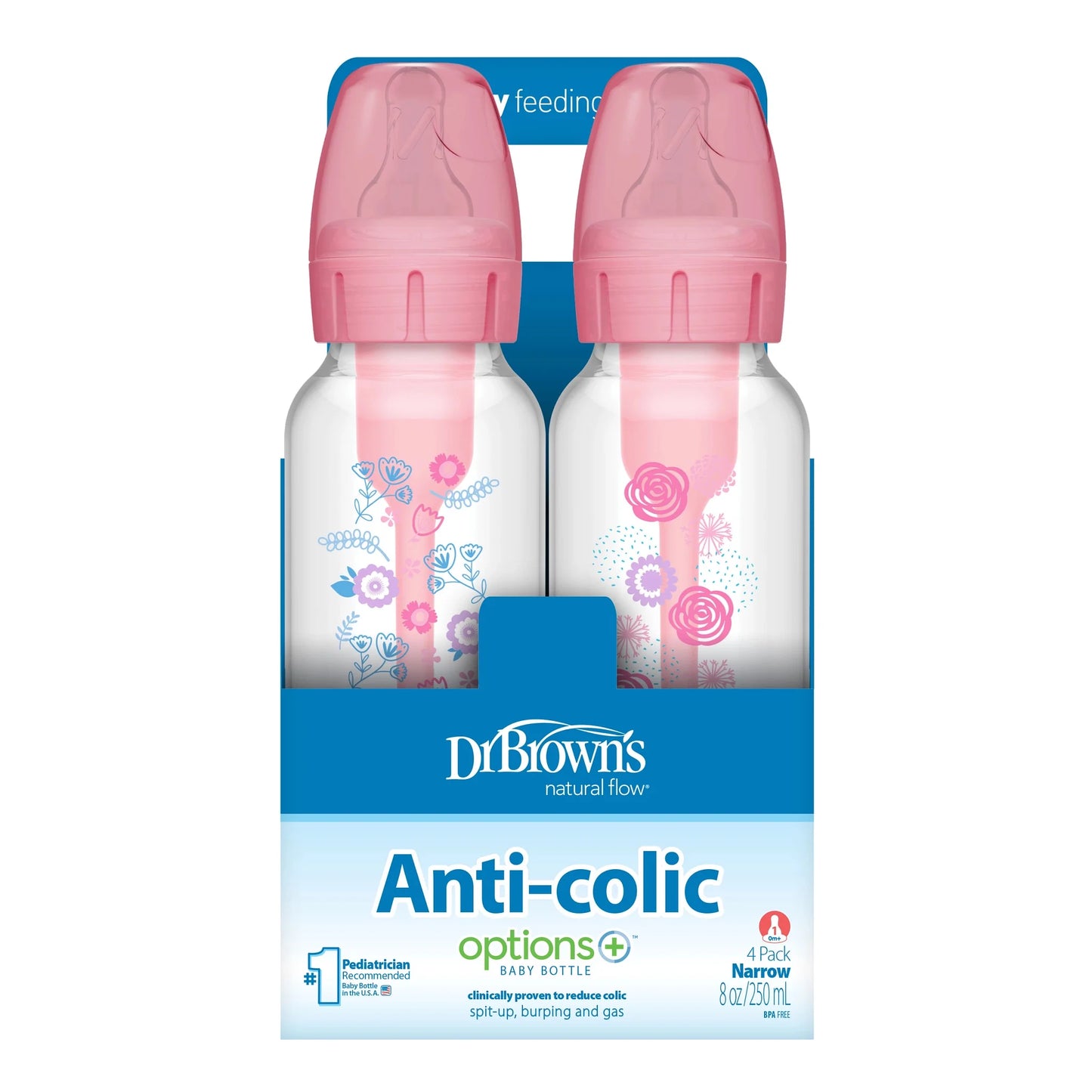 Anti-Colic Options+ Narrow Baby Bottle, Pink Floral, 8Oz, 0M+, 4 Pack