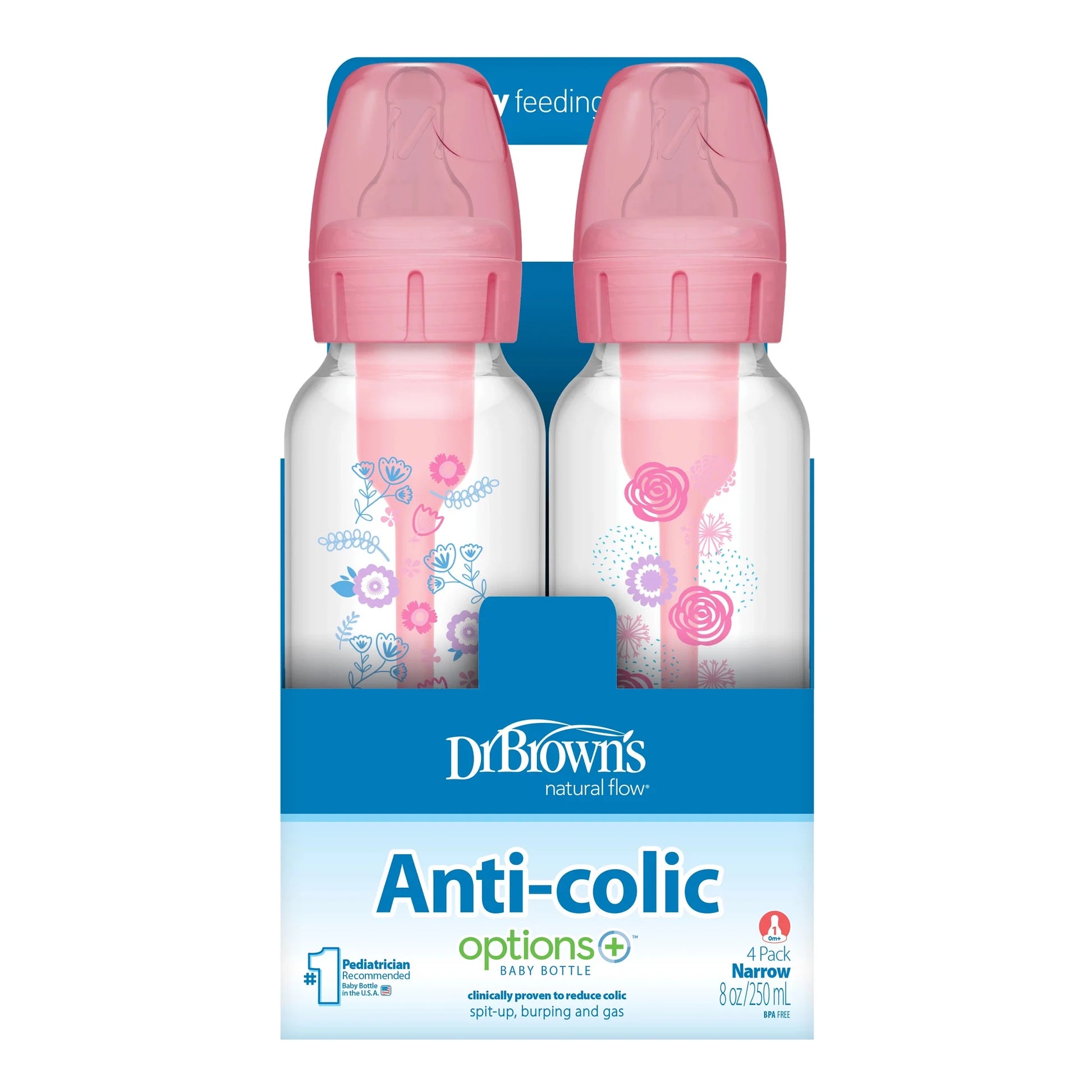 Anti-Colic Options+ Narrow Baby Bottle, Pink Floral, 8Oz, 0M+, 4 Pack