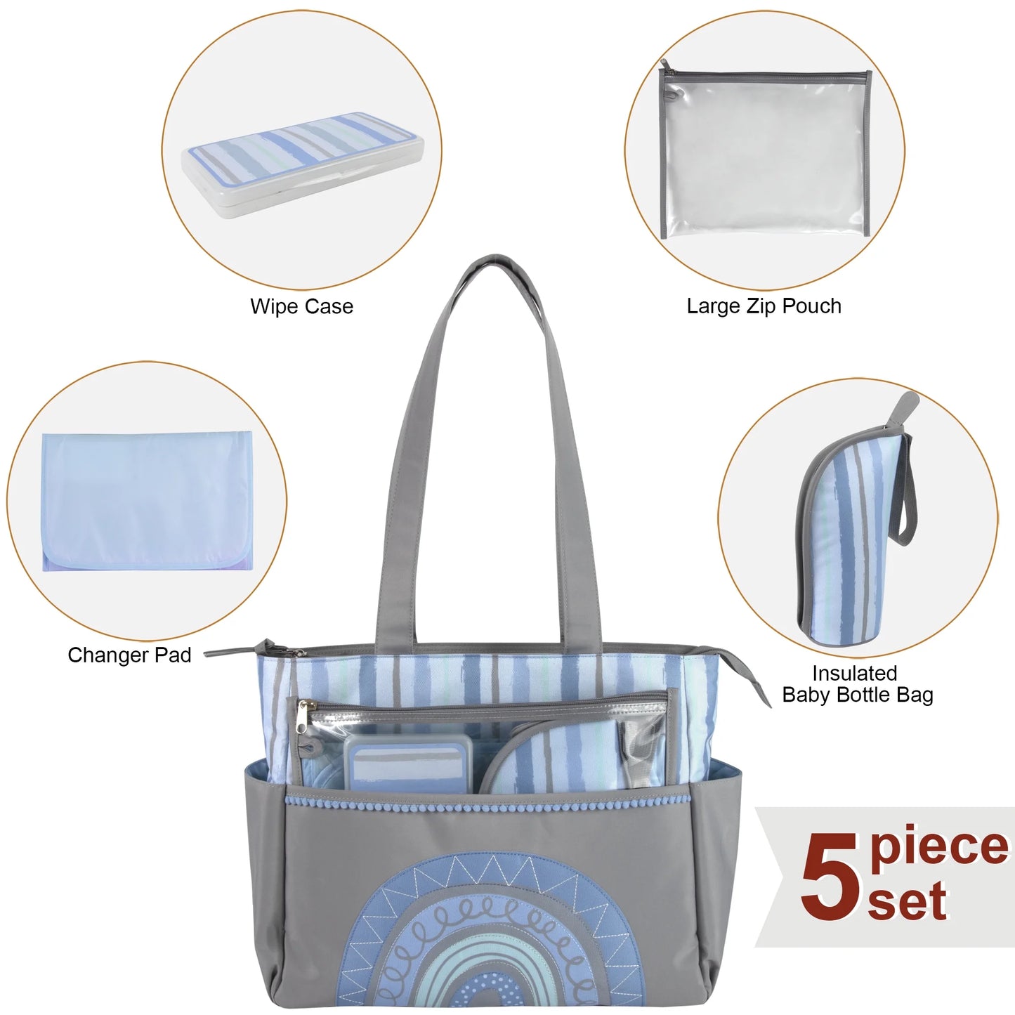 14.5"L Rainbow 5 Piece Multi-Pocket Diaper Bag Tote with Matching Changing Pad, Baby Wipes Case, Insulated Bottle Bag & Organizer Pouch for Newborns, Infants & Toddlers in Blue & Gray