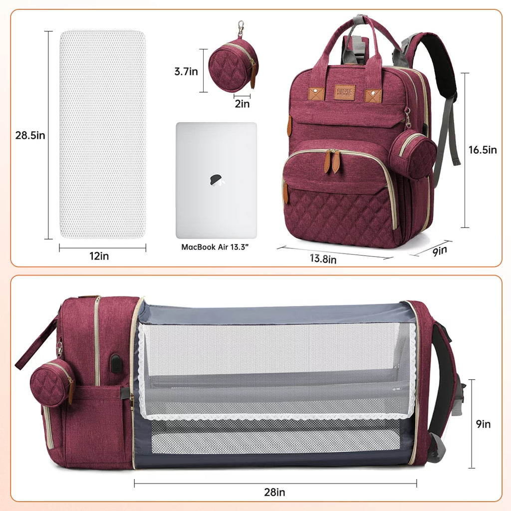 Diaper Bag Backpack, Multifunction Diaper Bag Backpack with Changing Station, USB Charging Port & Foldable Crib, Large Capacity Travel Backpack W/Sunshade&Pacifier Case&Stroller Straps(Red)